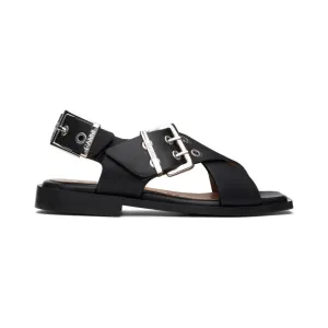 Feminine Buckle Cross Strap Sandal (Black)