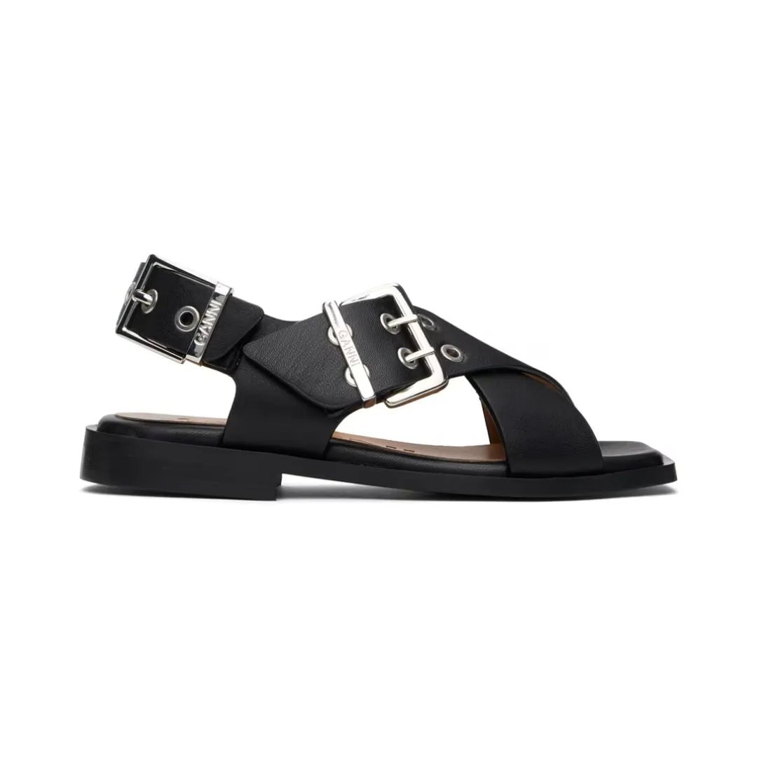 Feminine Buckle Cross Strap Sandal (Black)