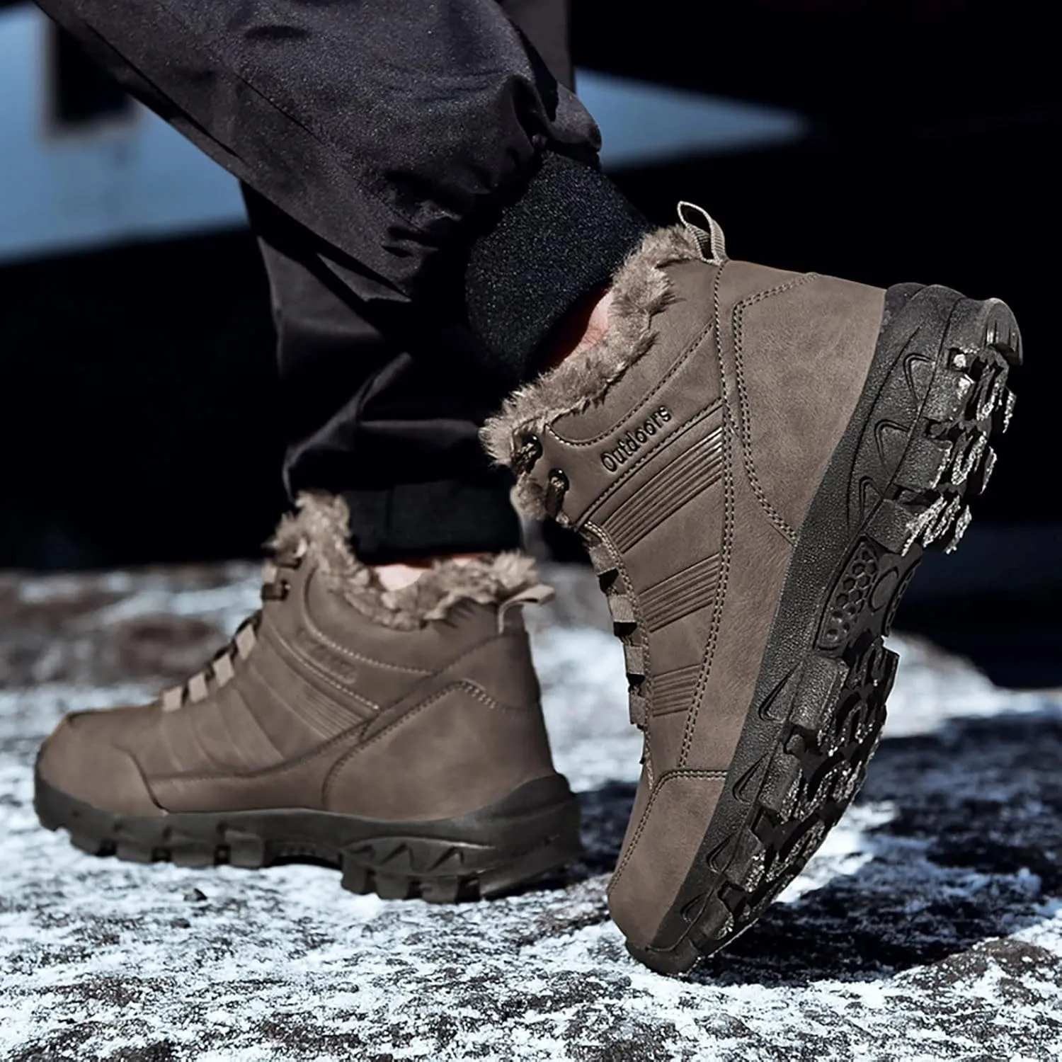 Men Work Boots Soft Toe Hiking Sneakers Warm Fur Lined Womens Safety Toe Shoes Slip On Waterproof Outdoor Shoes Lightweight Hike Grounded Footwear