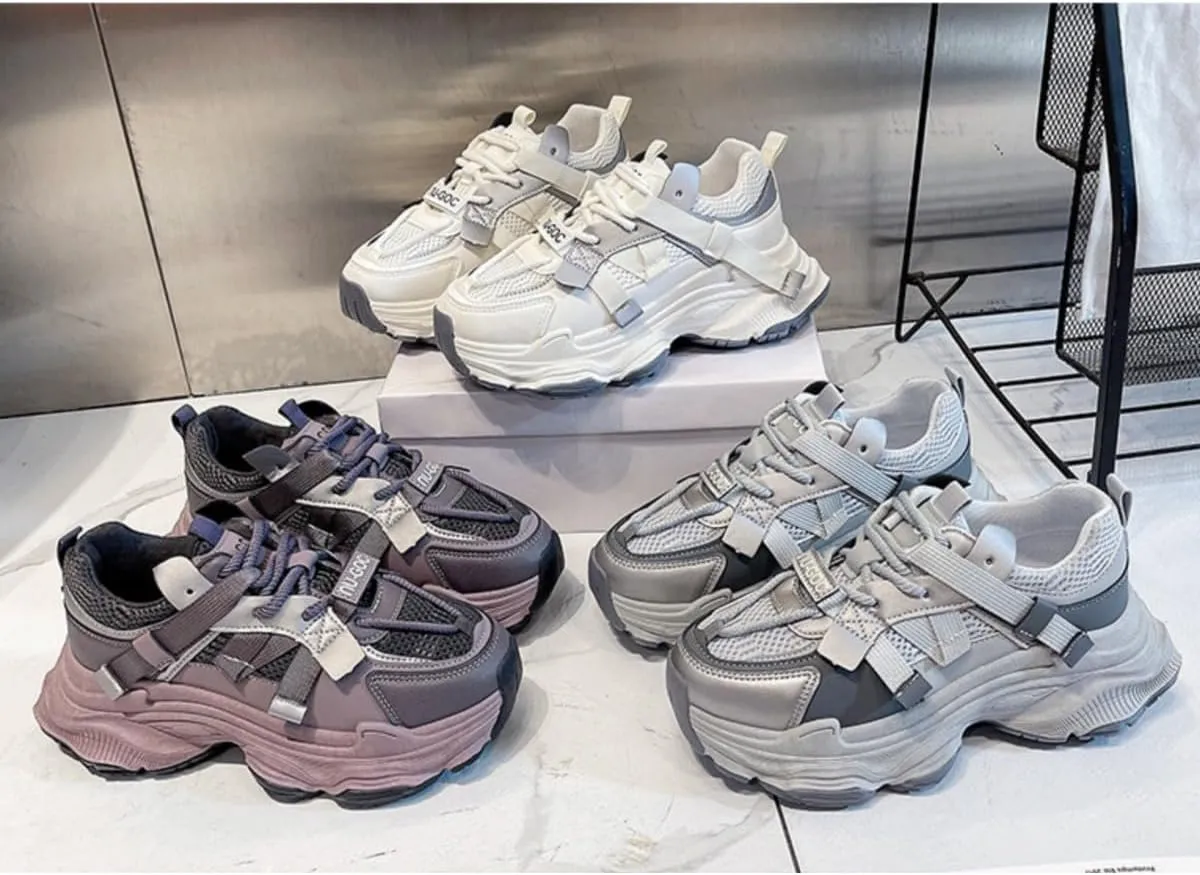Women's Platform Dad Sneakers - Chunky Fashion Athletic Shoes with 2.4" Height Increase, Mesh Breathable Casual Walking Shoes (White, Gray, Purple)