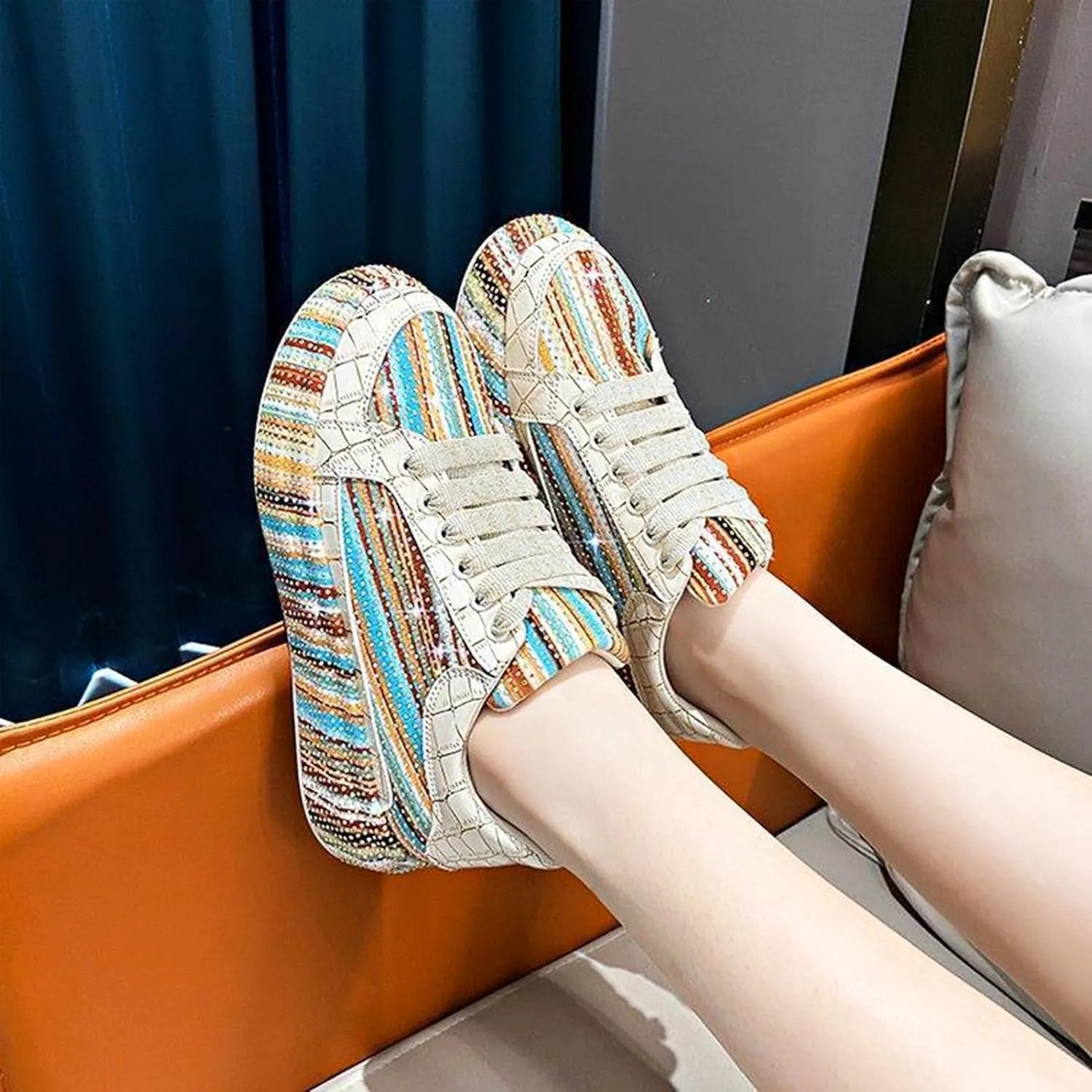 Women's Platform Glitter Sneakers, Women's Platform Colorful Fashion Sneakers Retro Colorblock Stylish Cute Chunky Dad Walking Shoes, Sparkly Bling Women's Chunky Rhinestone Sneak