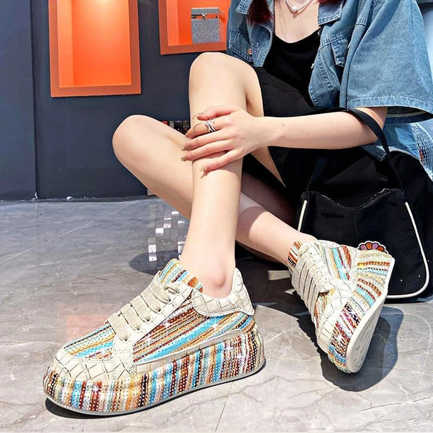Women's Platform Glitter Sneakers, Women's Platform Colorful Fashion Sneakers Retro Colorblock Stylish Cute Chunky Dad Walking Shoes, Sparkly Bling Women's Chunky Rhinestone Sneak